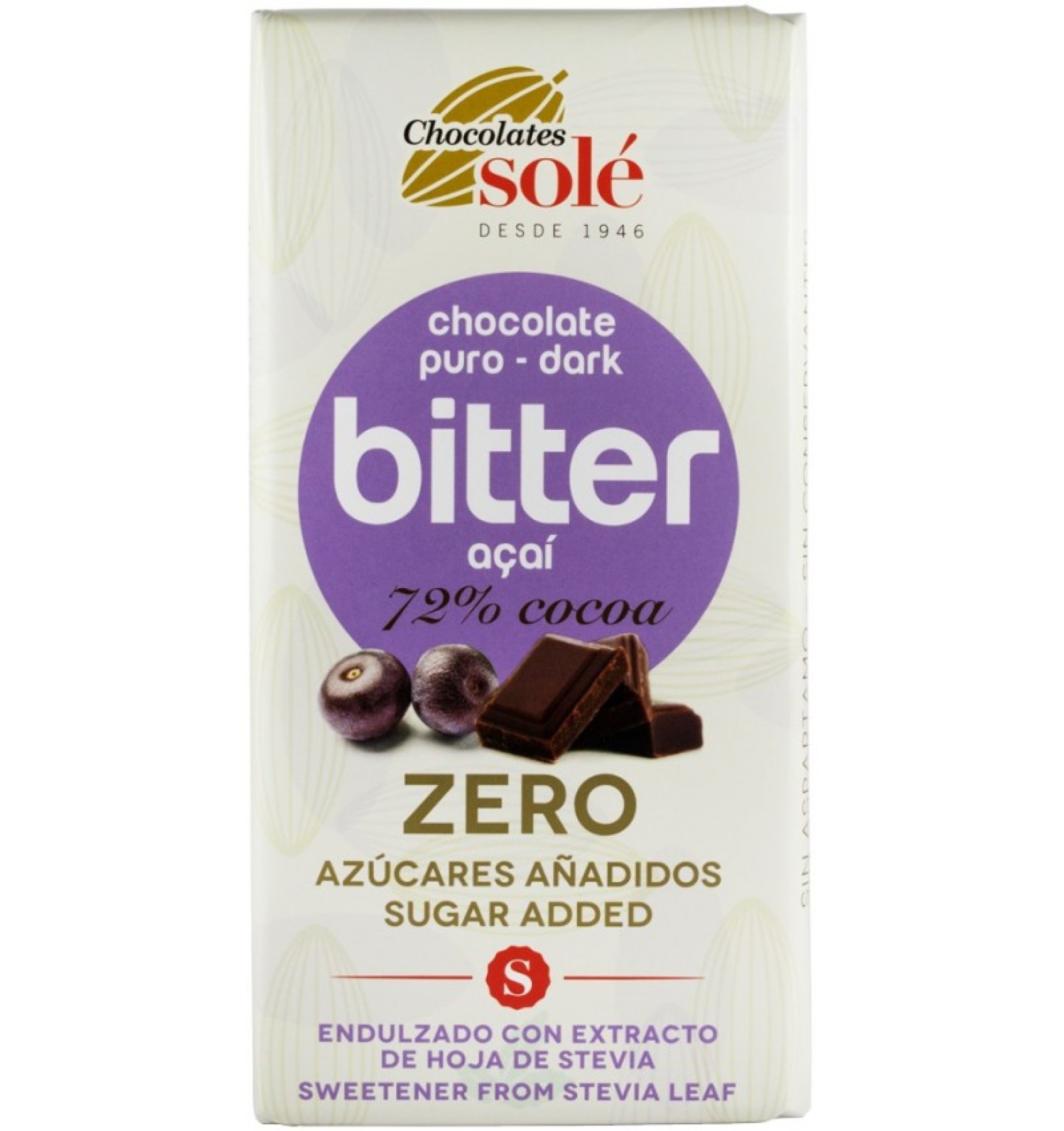 Ciocolata neagra 72% cacao cu acai, indulcita cu stevie, 100 g Chocolates Sole