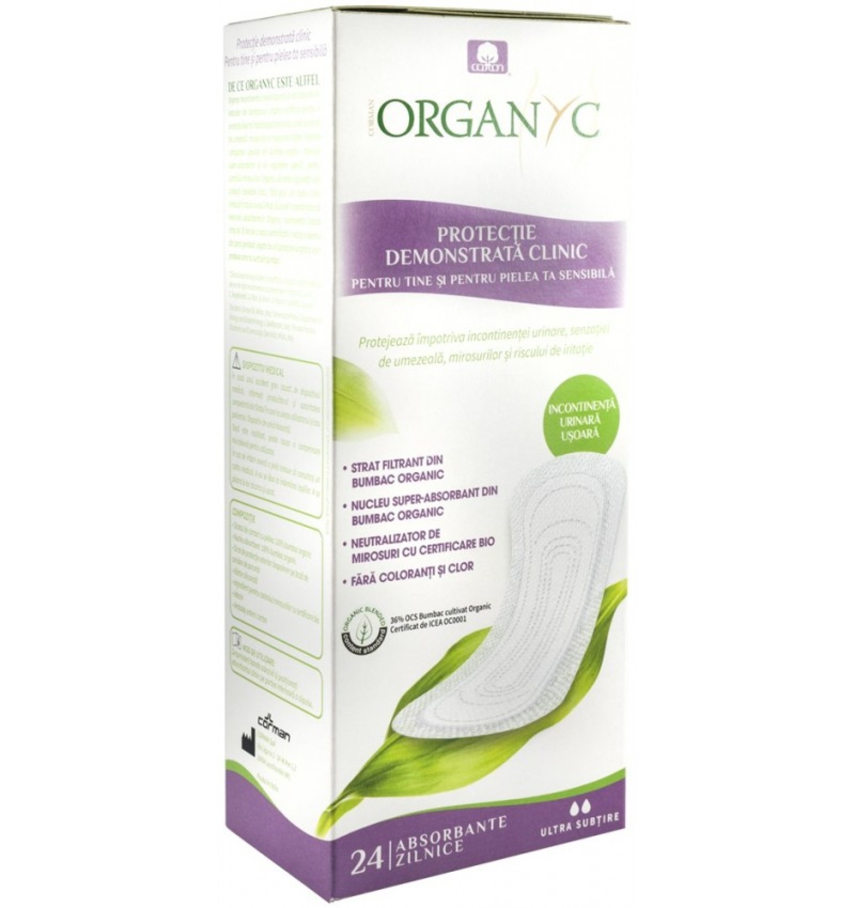 Absorbante ultra subtiri pentru incontinenta, din bumbac organic, 24 buc Organyc
