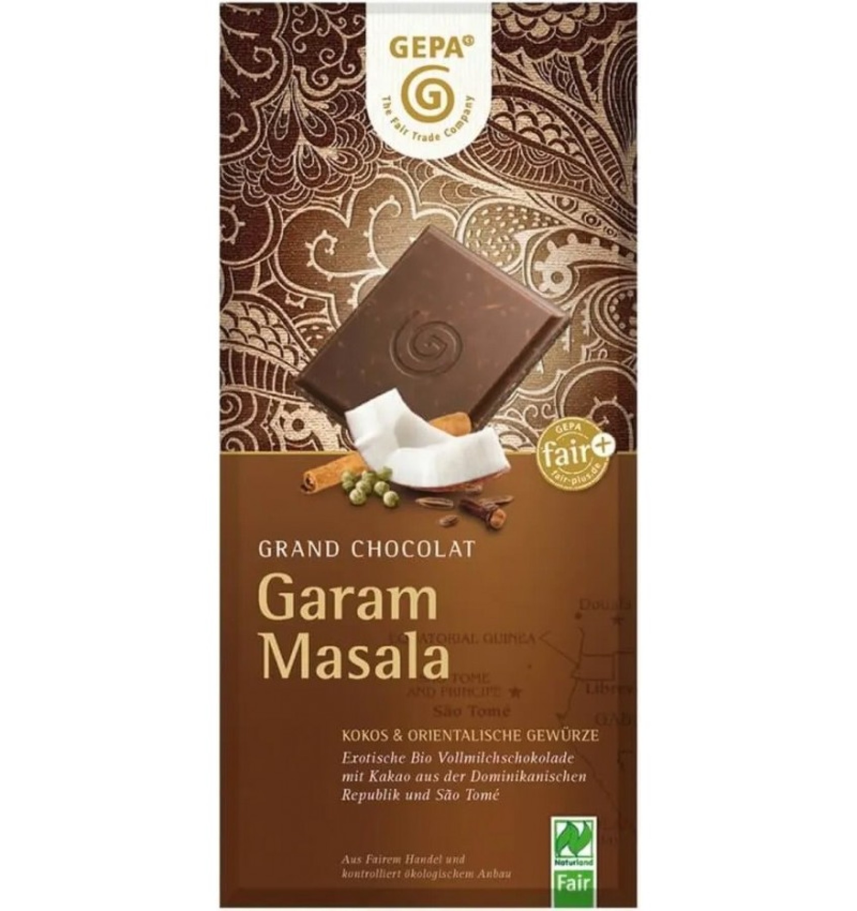 Ciocolata Bio cu lapte, cocos si condimente orientale-Garam Masala,100 g Gepa