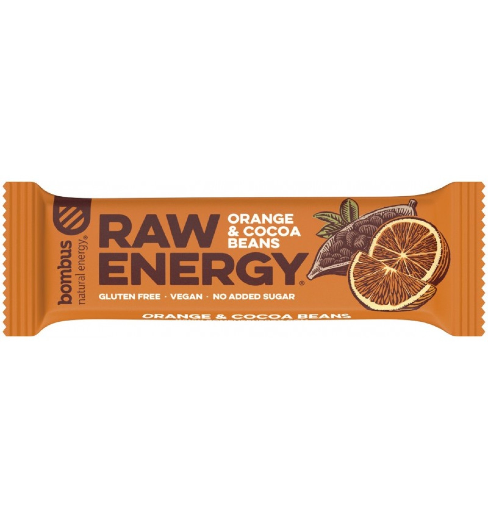BATON PROTEIC RAW ENERGY CU PORTOCALE SI BOABE DE CACAO, 50G BOMBUS
