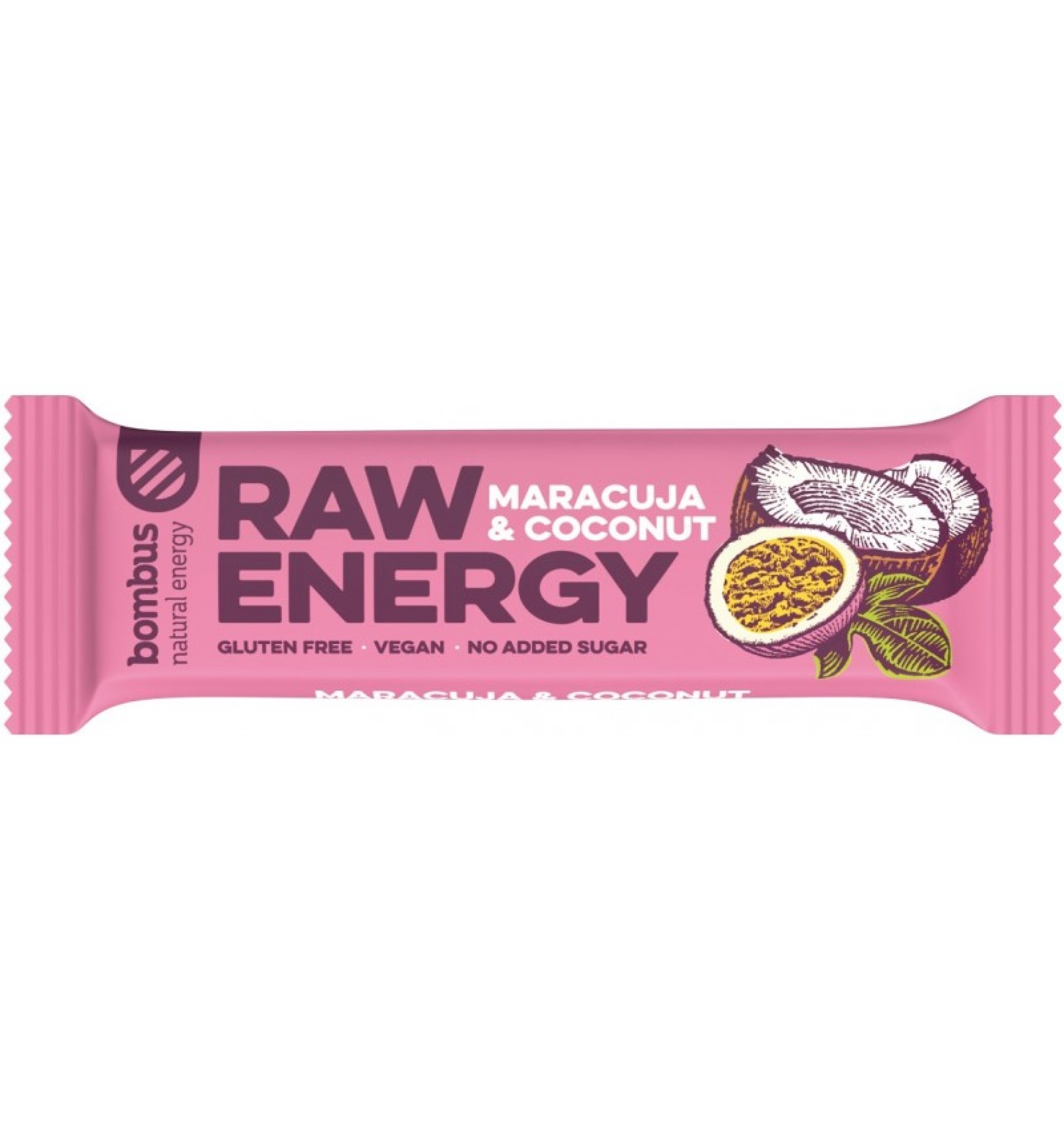 BATON PROTEIC RAW ENERGY CU MARACUJA SI NUCA DE COCOS, 50G BOMBUS