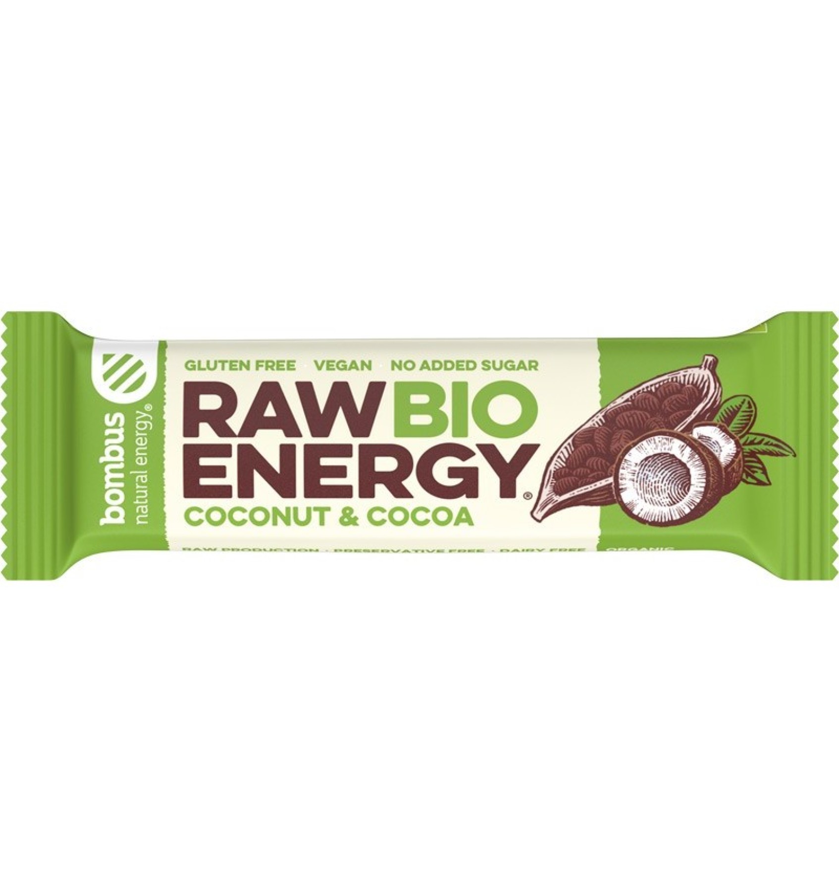 Baton energizant bio, Raw Energy, cu nuca de cocos si cacao 50g Bombus