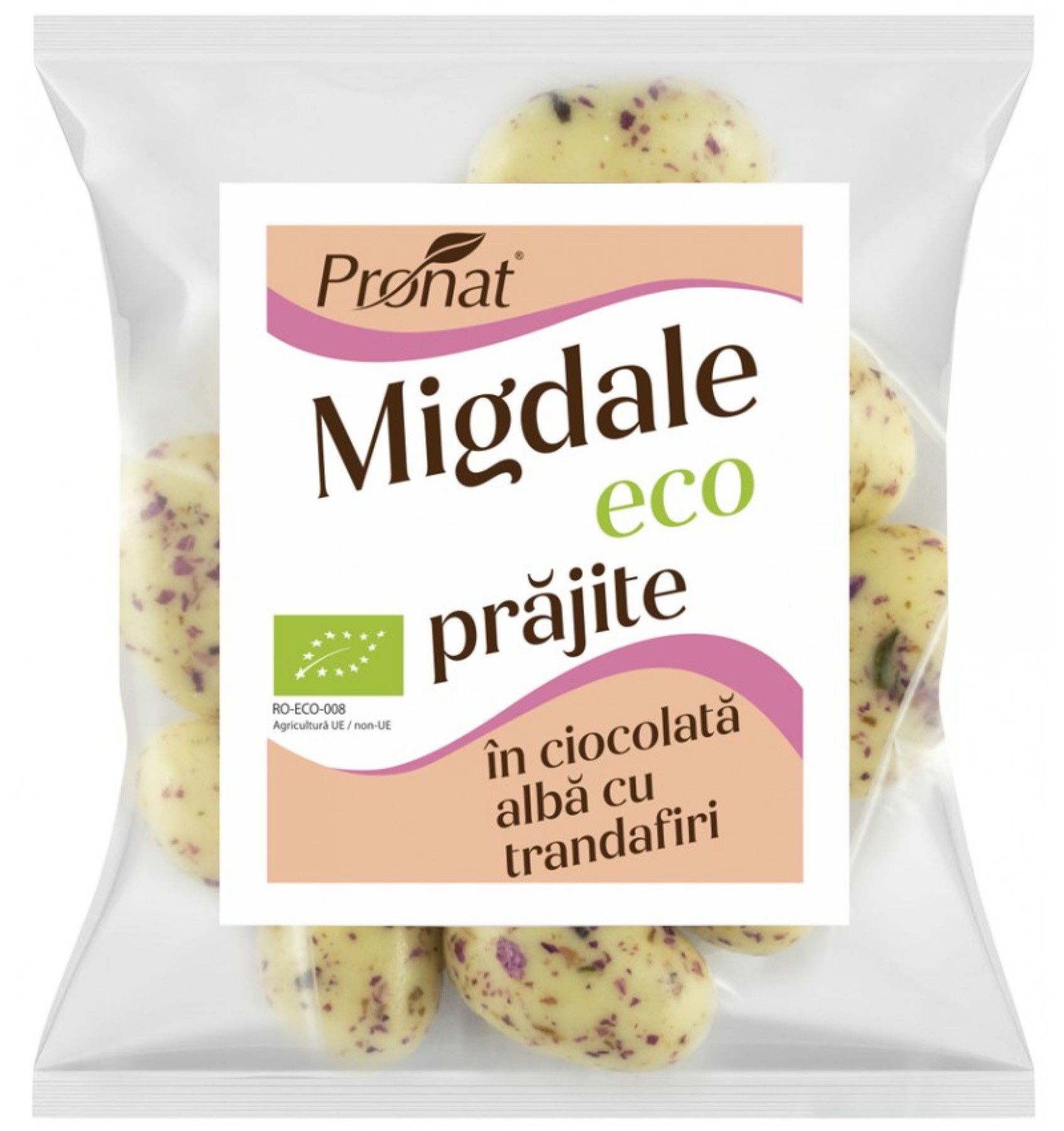 Migdale bio prajite, glazurate in ciocolata alba cu trandafiri, 50 g
