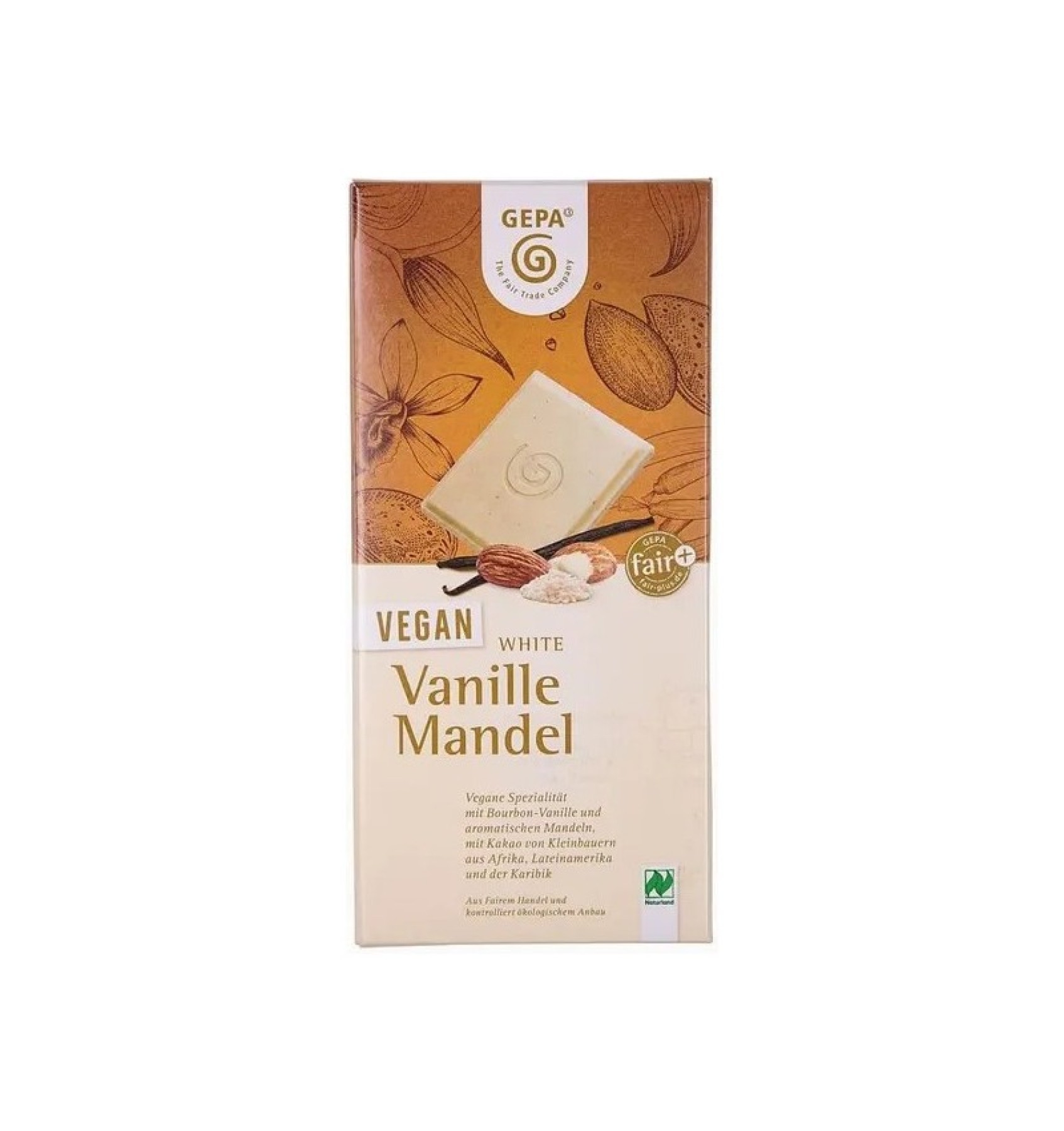 Ciocolata alba bio vegan cu vanilie si migdale, 100 g Gepa