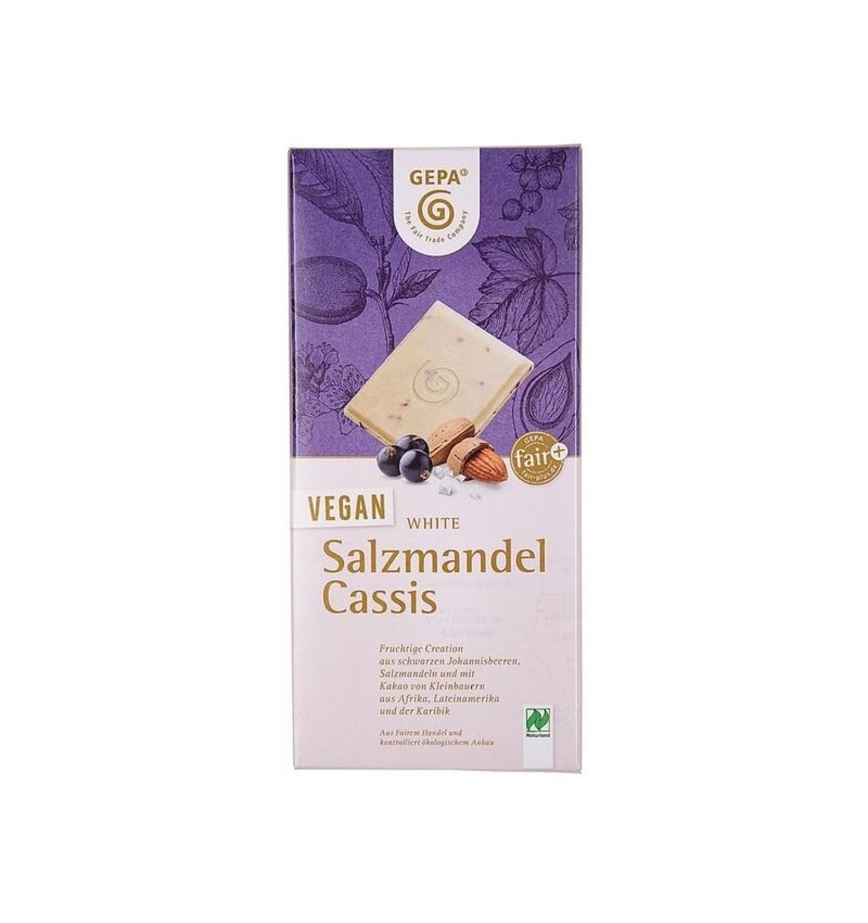 Ciocolata alba eco vegan cu migdale sarate si coacaze, 100 g Gepa