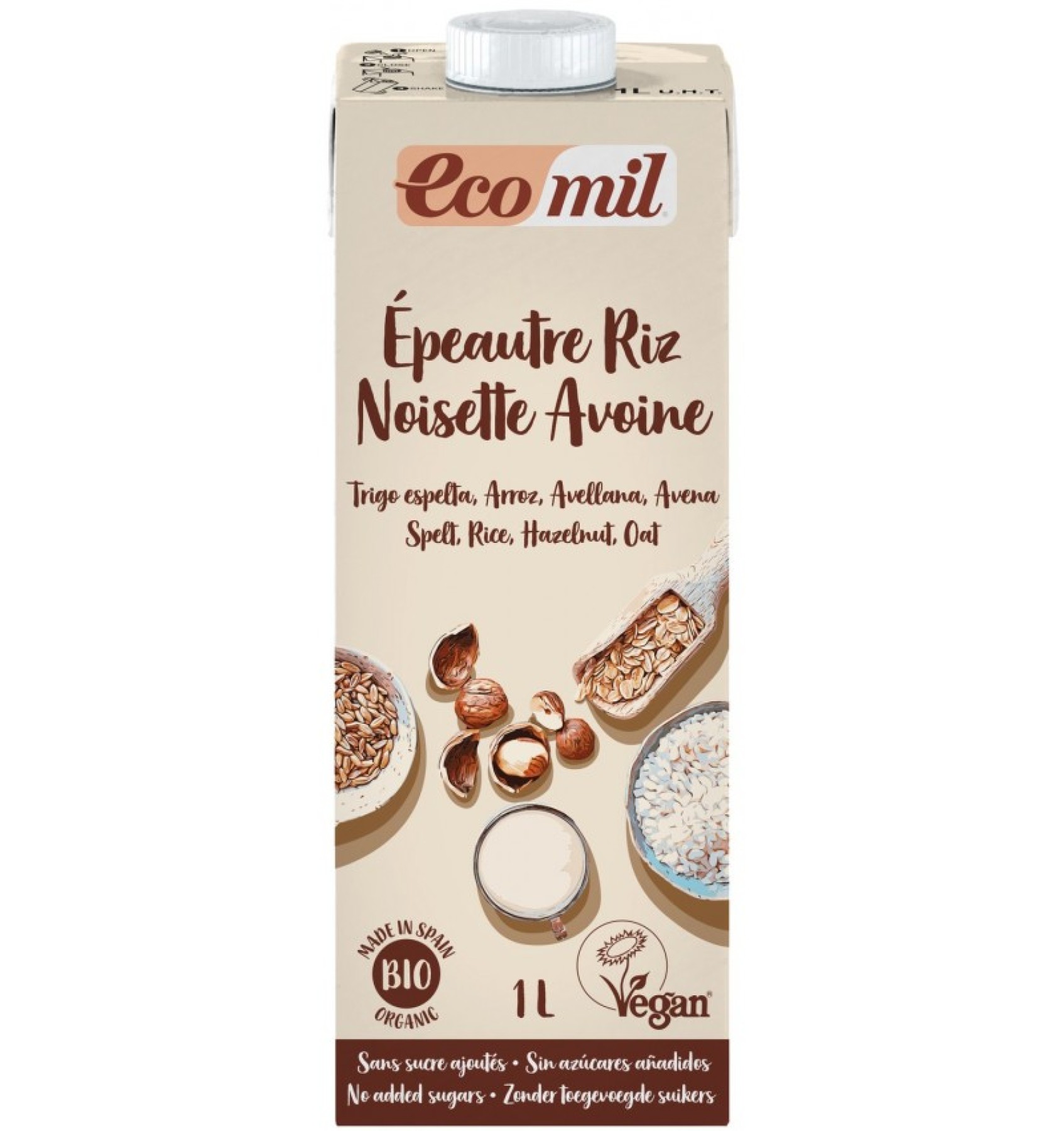 Bautura vegetala bio din grau, orez, ovaz si alune, fara adaos de zahar, 1L Ecomil