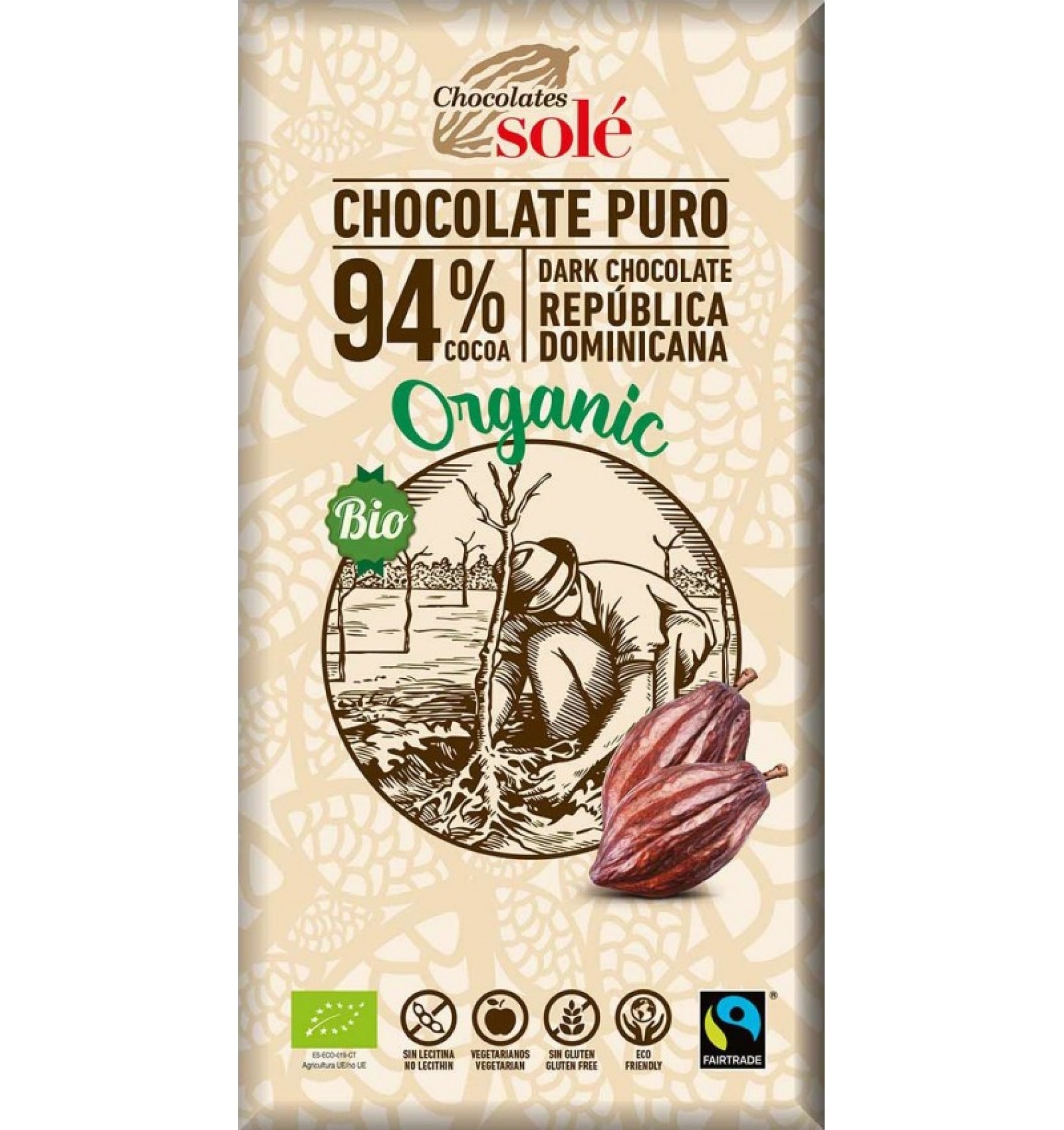 Ciocolata neagra BIO si fairtrade 94% cacao, 100g Chocolates Sole