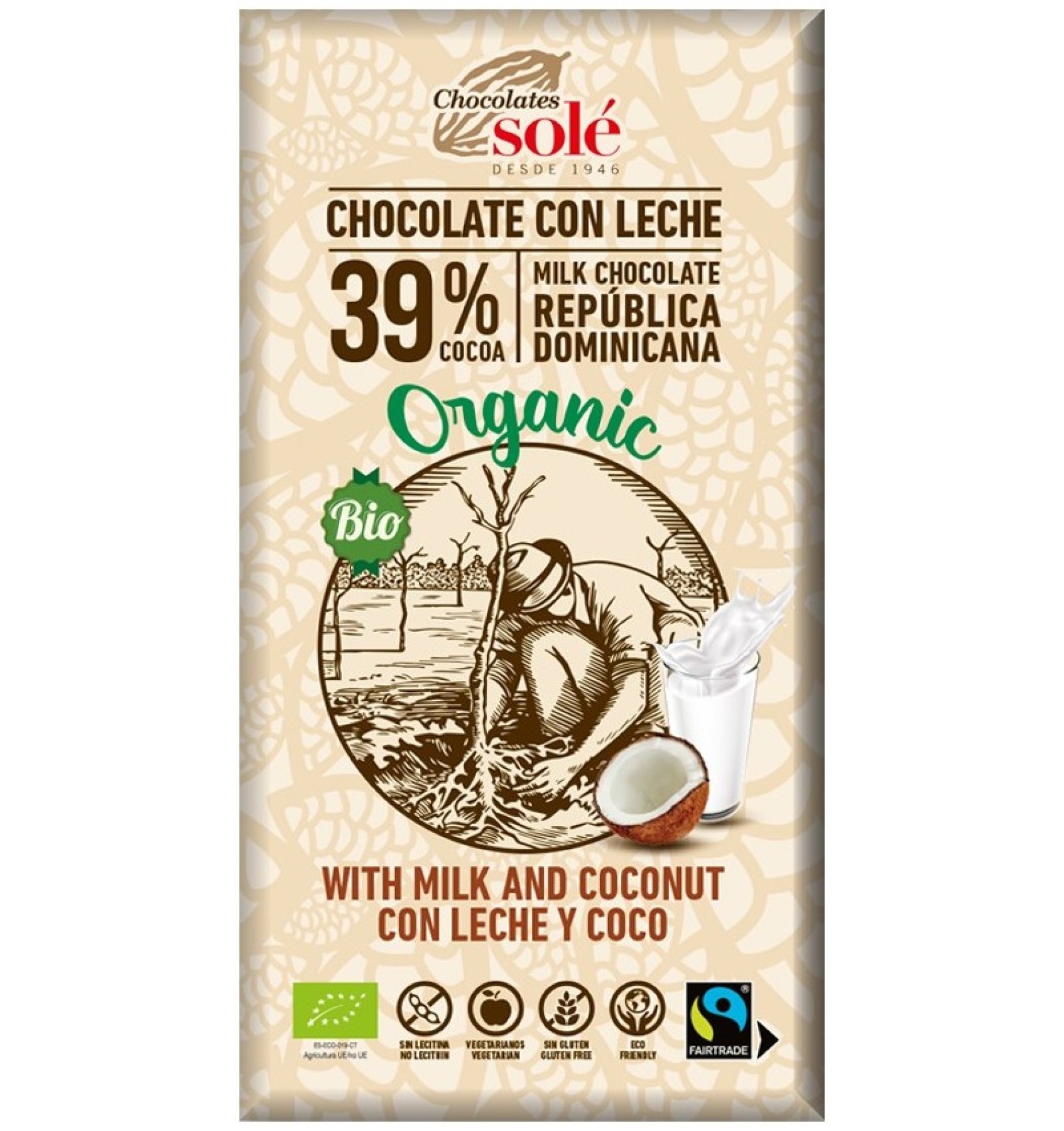 Ciocolata cu lapte si cocos BIO si Fairtrade, 100g Chocolates Sole