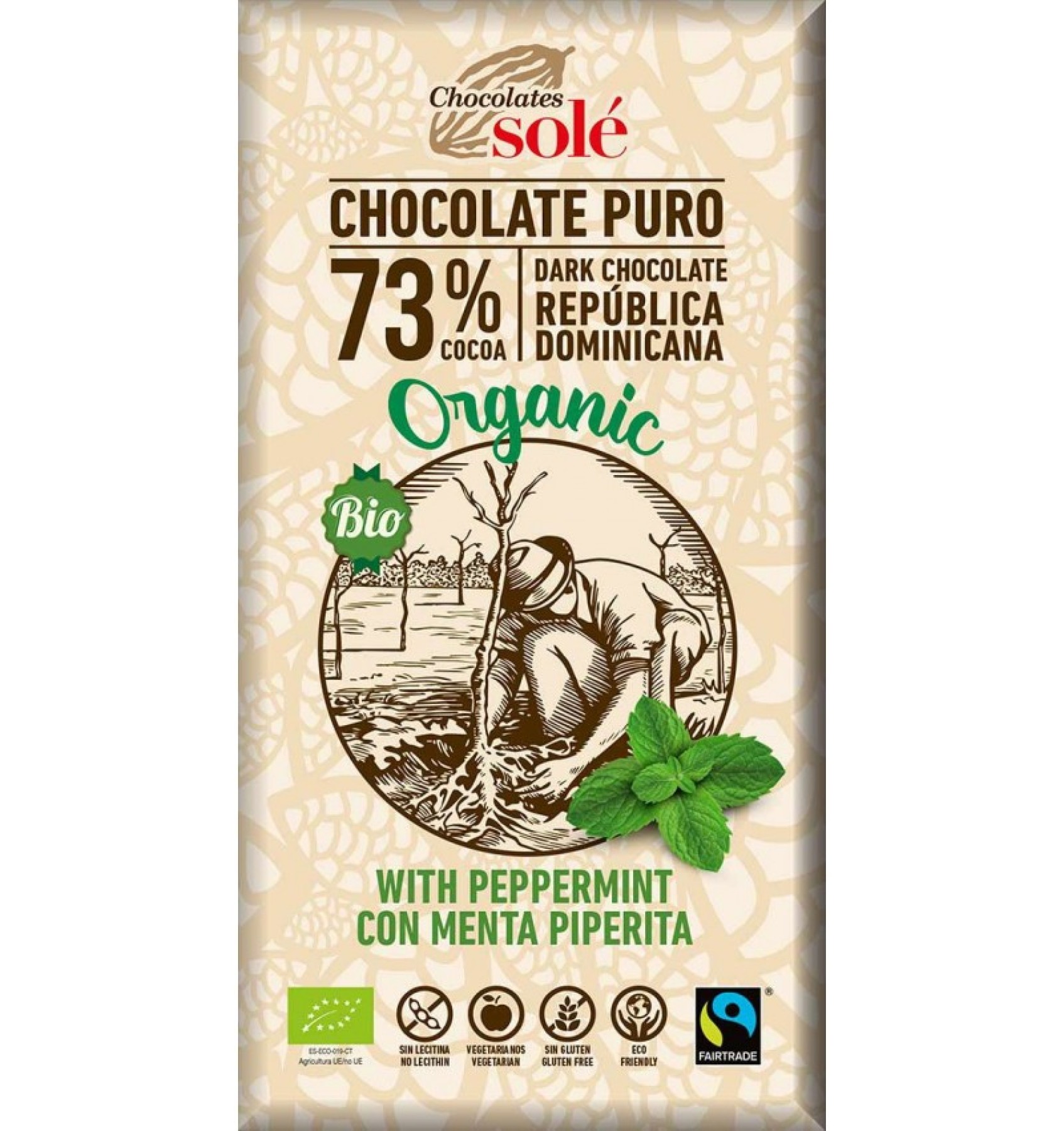 Ciocolata neagra cu menta BIO si Fairtrade 73% cacao, 100g Chocolates Sole