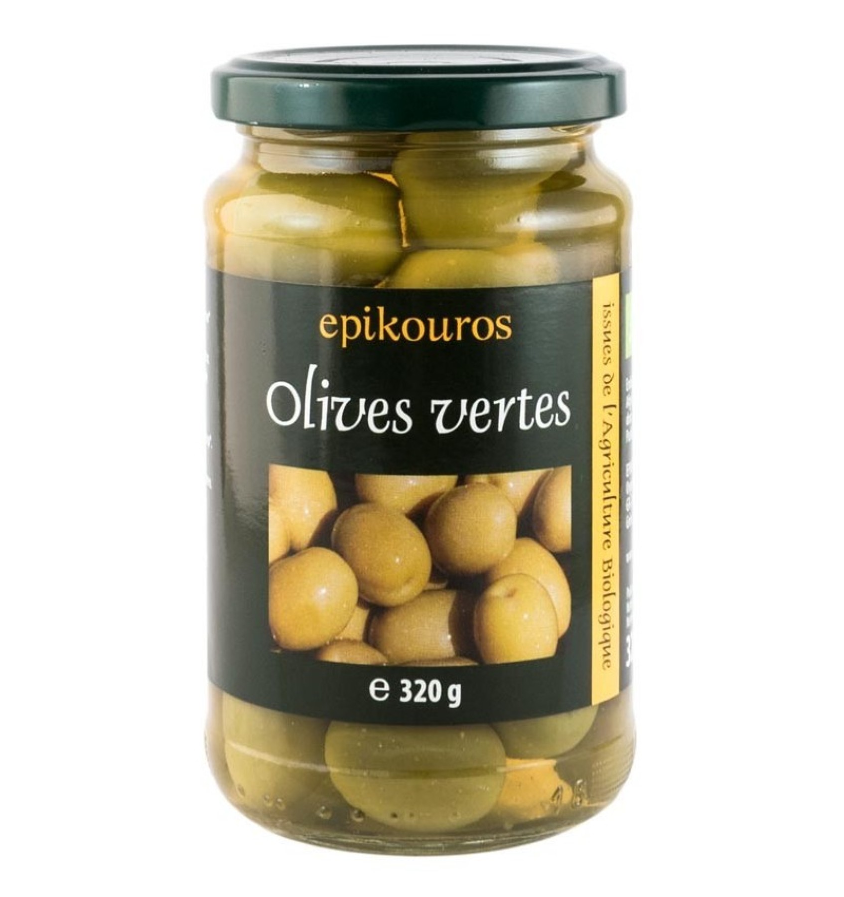 Epikouros Masline verzi bio cu samburi in saramura, 320 g