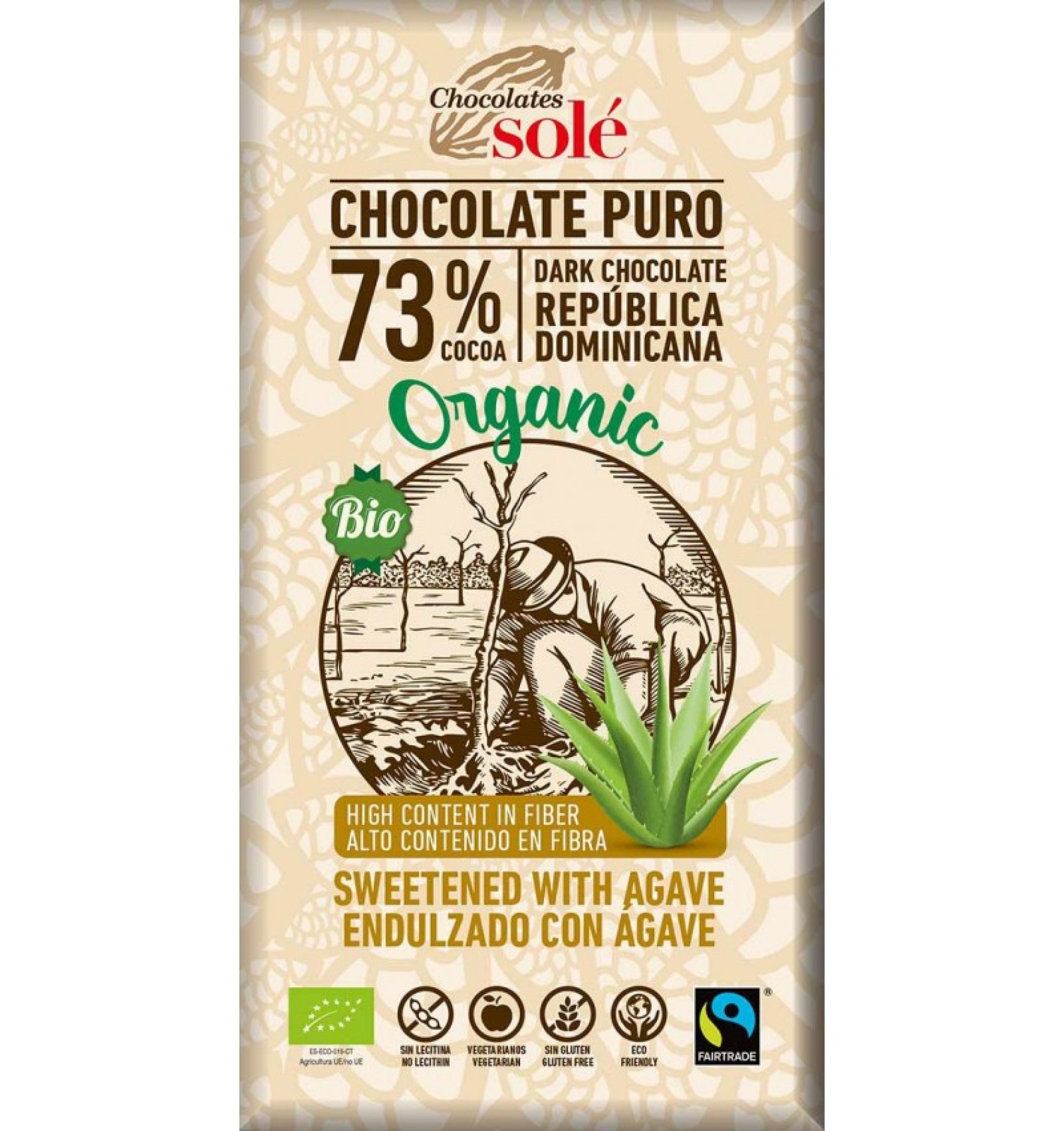 Ciocolata neagra BIO cu sirop de Agave, 73% cacao, 100 g Chocolates Sole