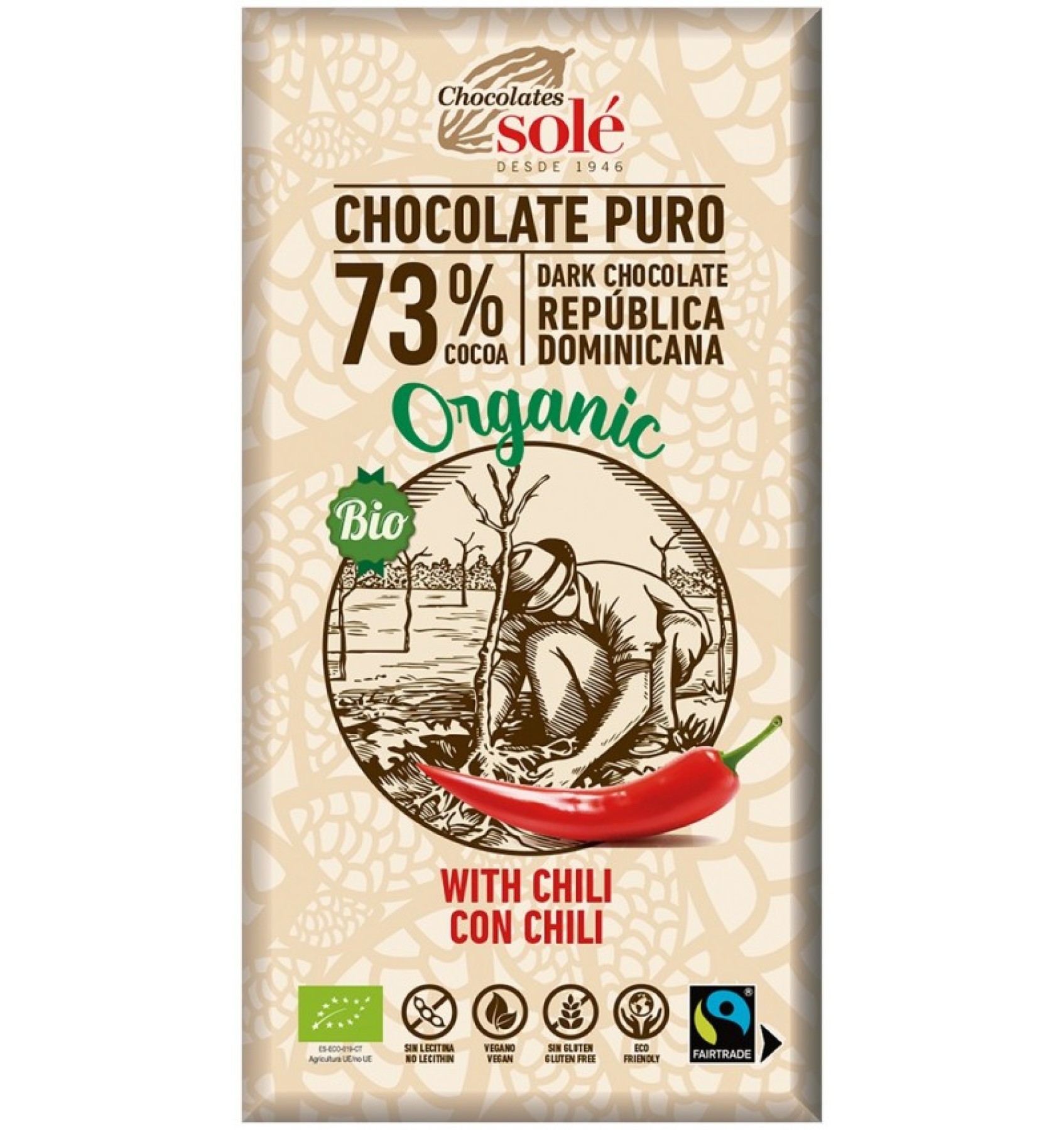 Ciocolata neagra BIO cu chili, 73% cacao, 100 g Chocolates Sole