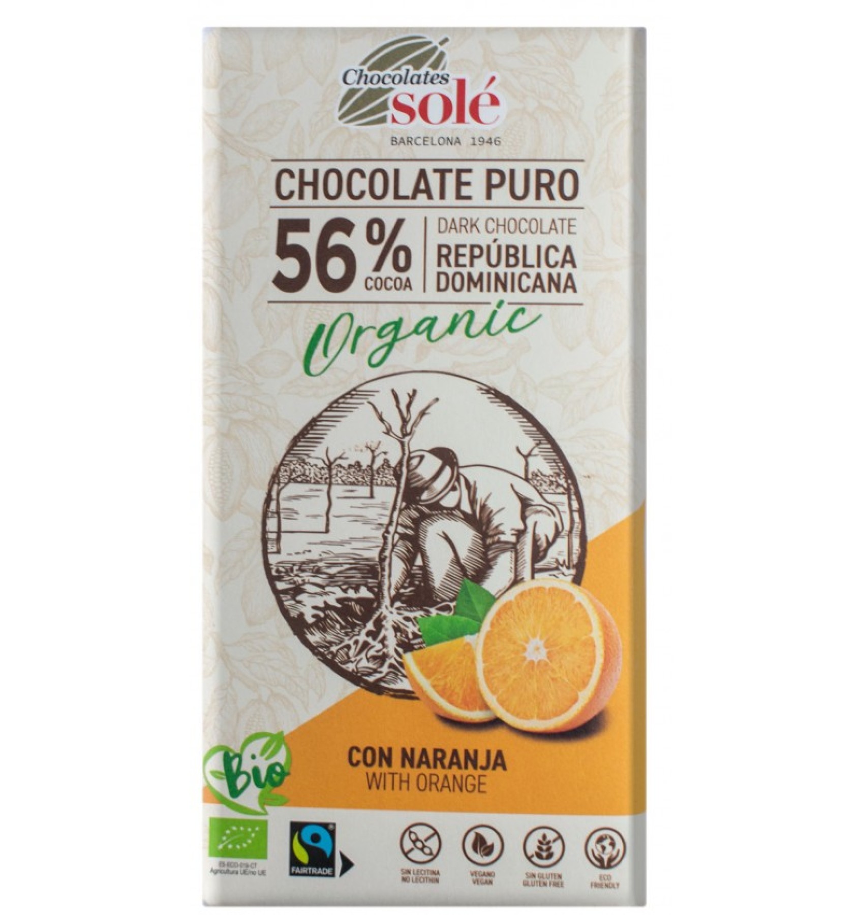 Ciocolata neagra BIO cu portocale, 56% cacao, 100 gr Chocolates Sole