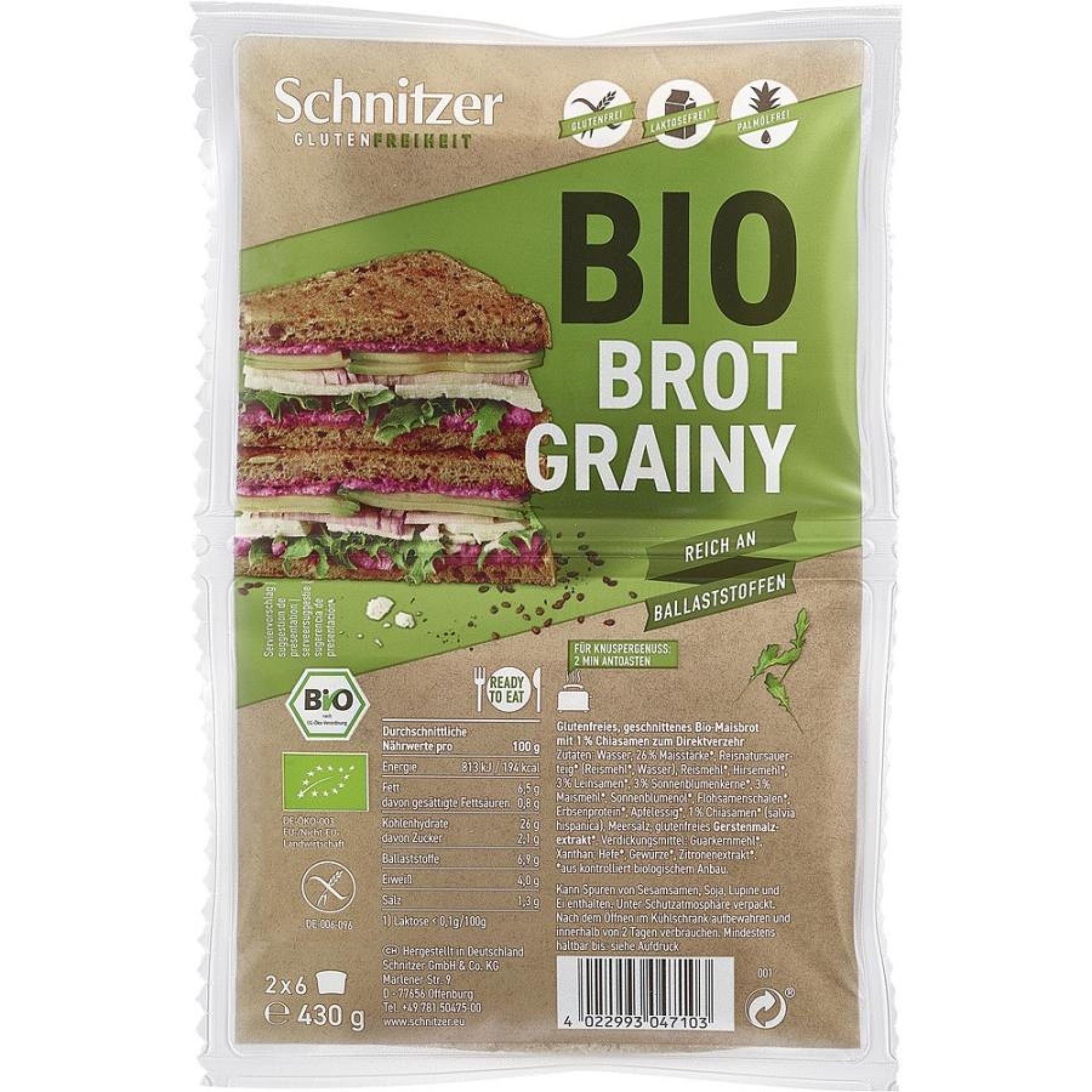 Paine toast bio fara gluten, cu seminte de chia, 430 gr Schnitzer Glutenfree