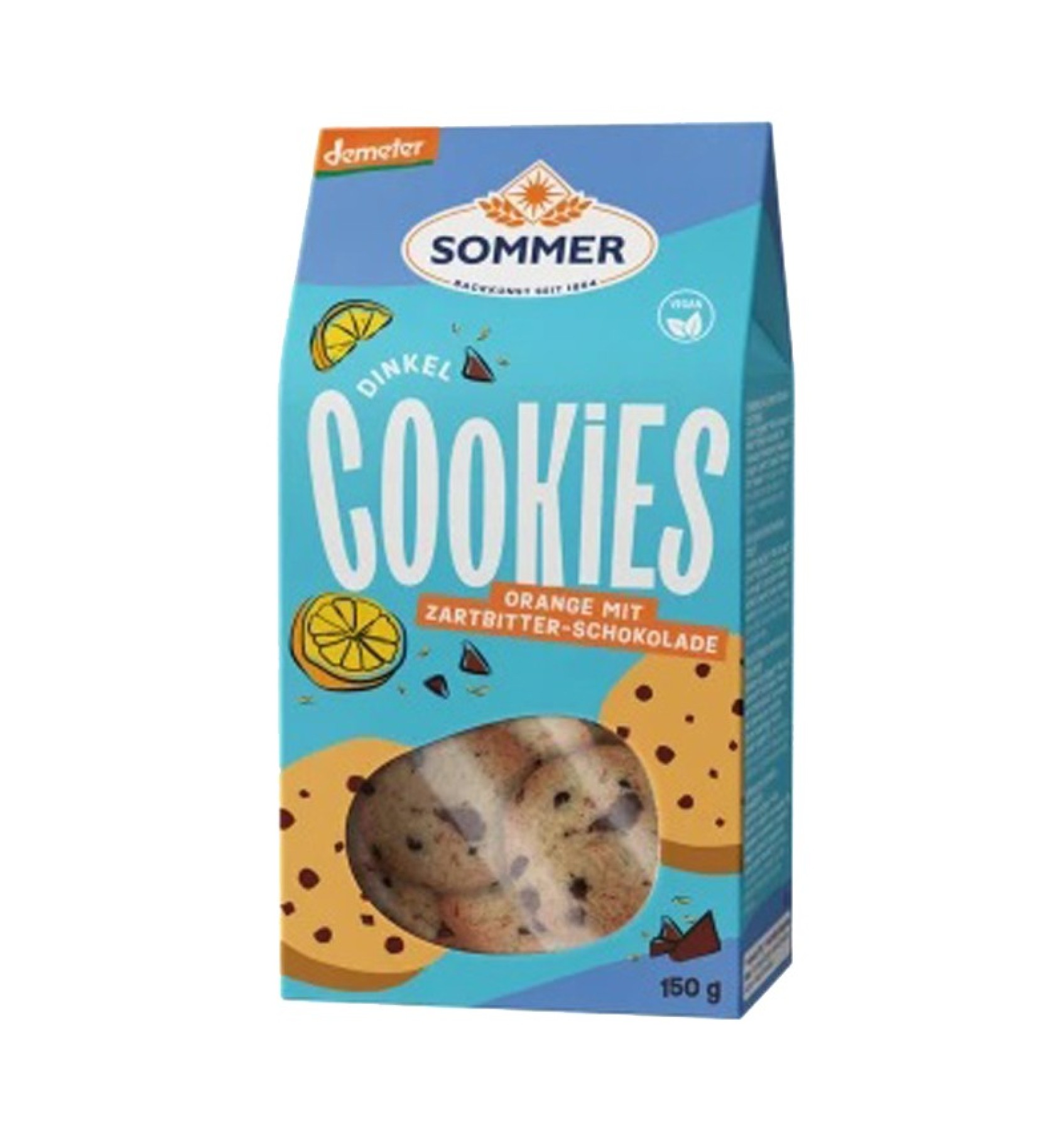 Biscuiti bio din grau spelta cu ciocolata amaruie si ulei de portocale, Demeter, 150 g SOMMER