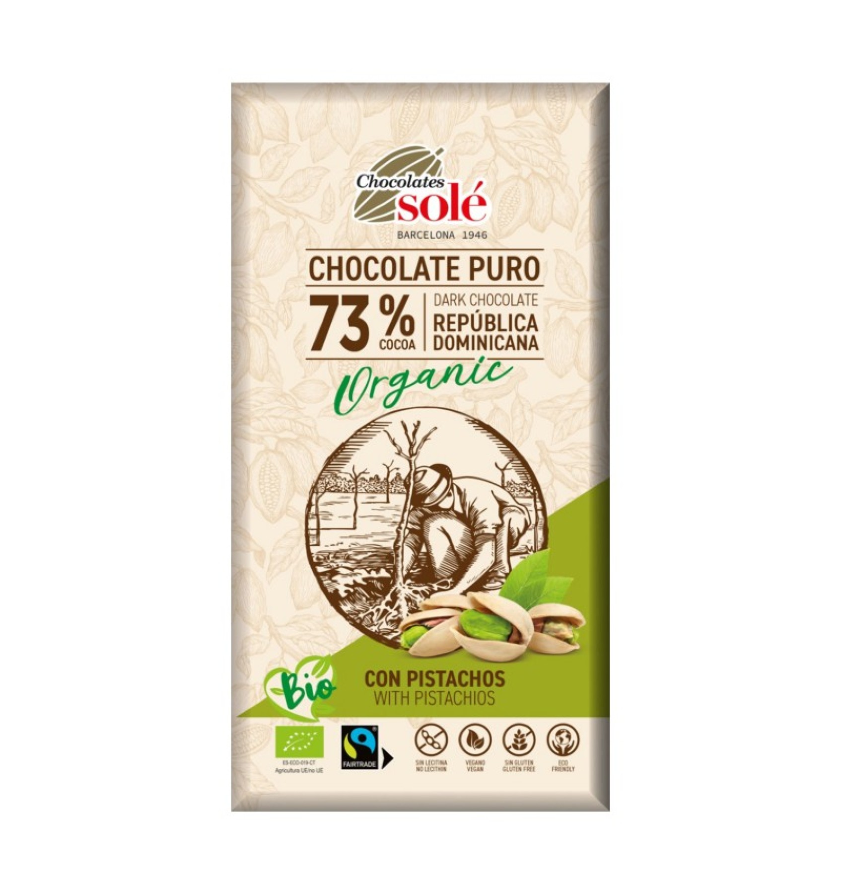 ECO/BIO Ciocolata cu 73% cacao si fistic 135g