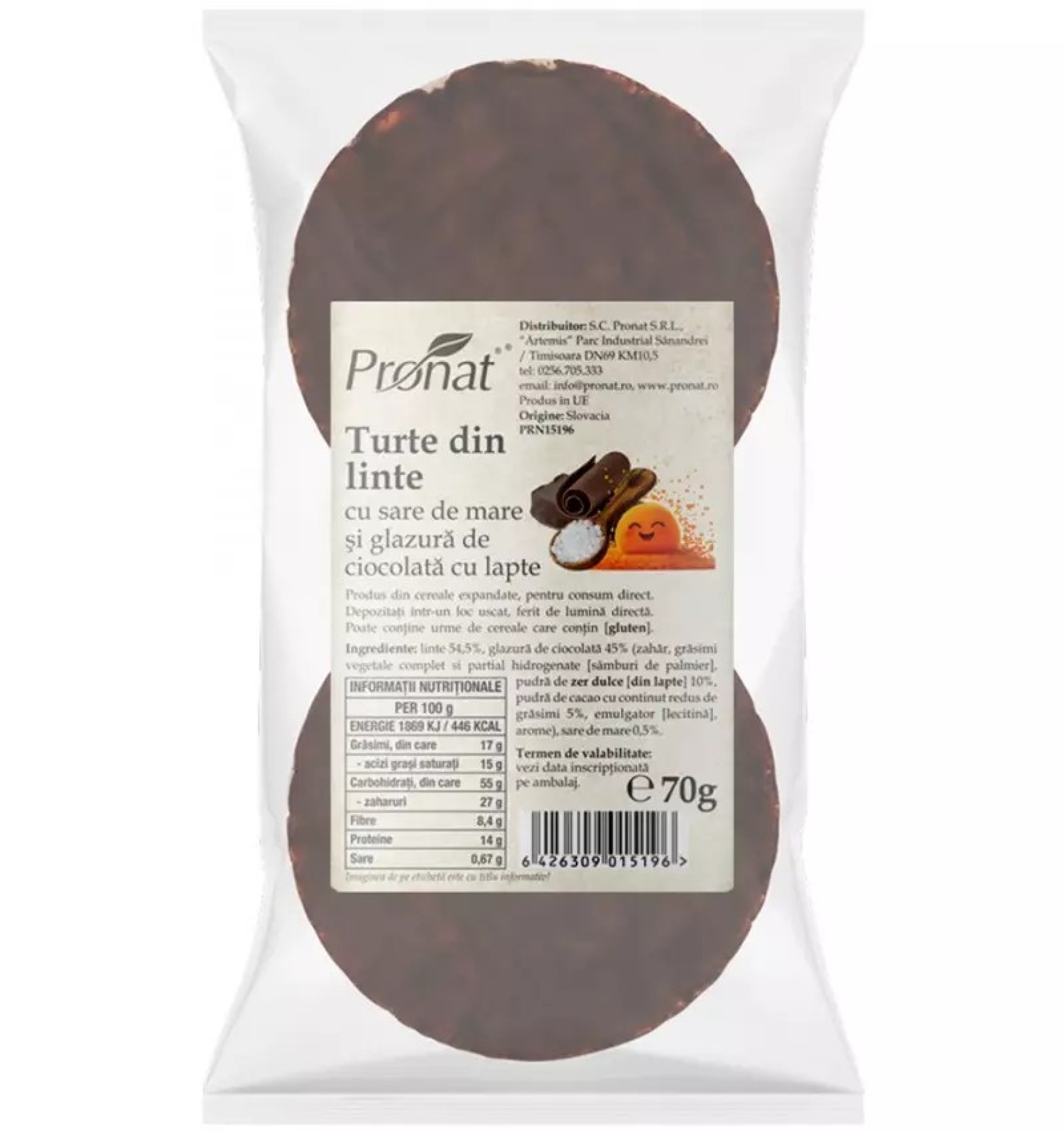 Turte din linte cu sare de mare si glazura de ciocolata cu lapte, 70g