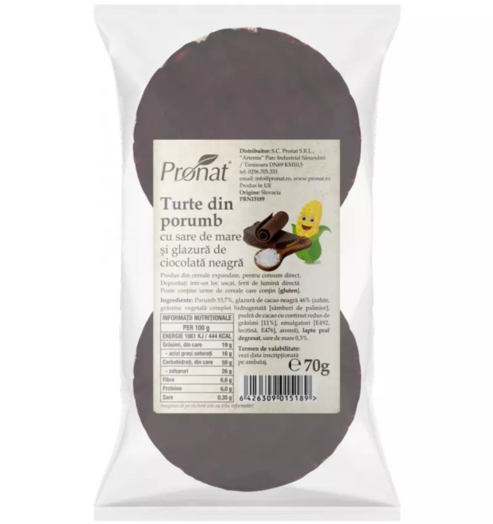 Turte din porumb cu sare de mare si glazura de ciocolata neagra, 70g