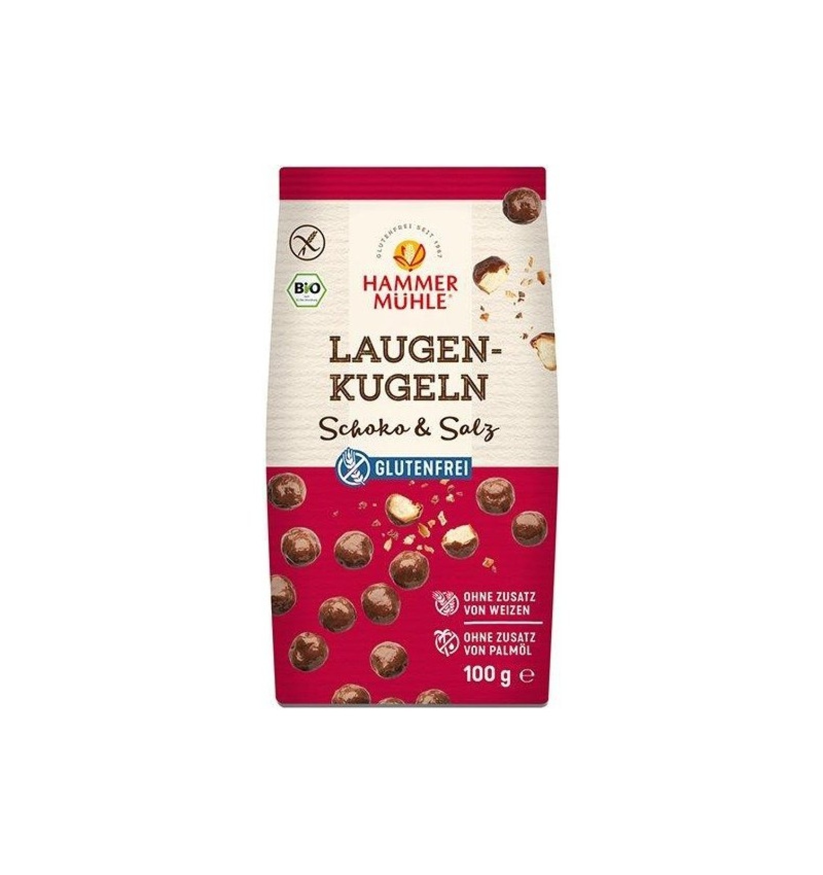 BILUTE BIO FARA GLUTEN DIN ALUAT DE BRETZEL TRASE IN CIOCOLATA CU LAPTE SI SARE, 100 G HAMMER MUHLE