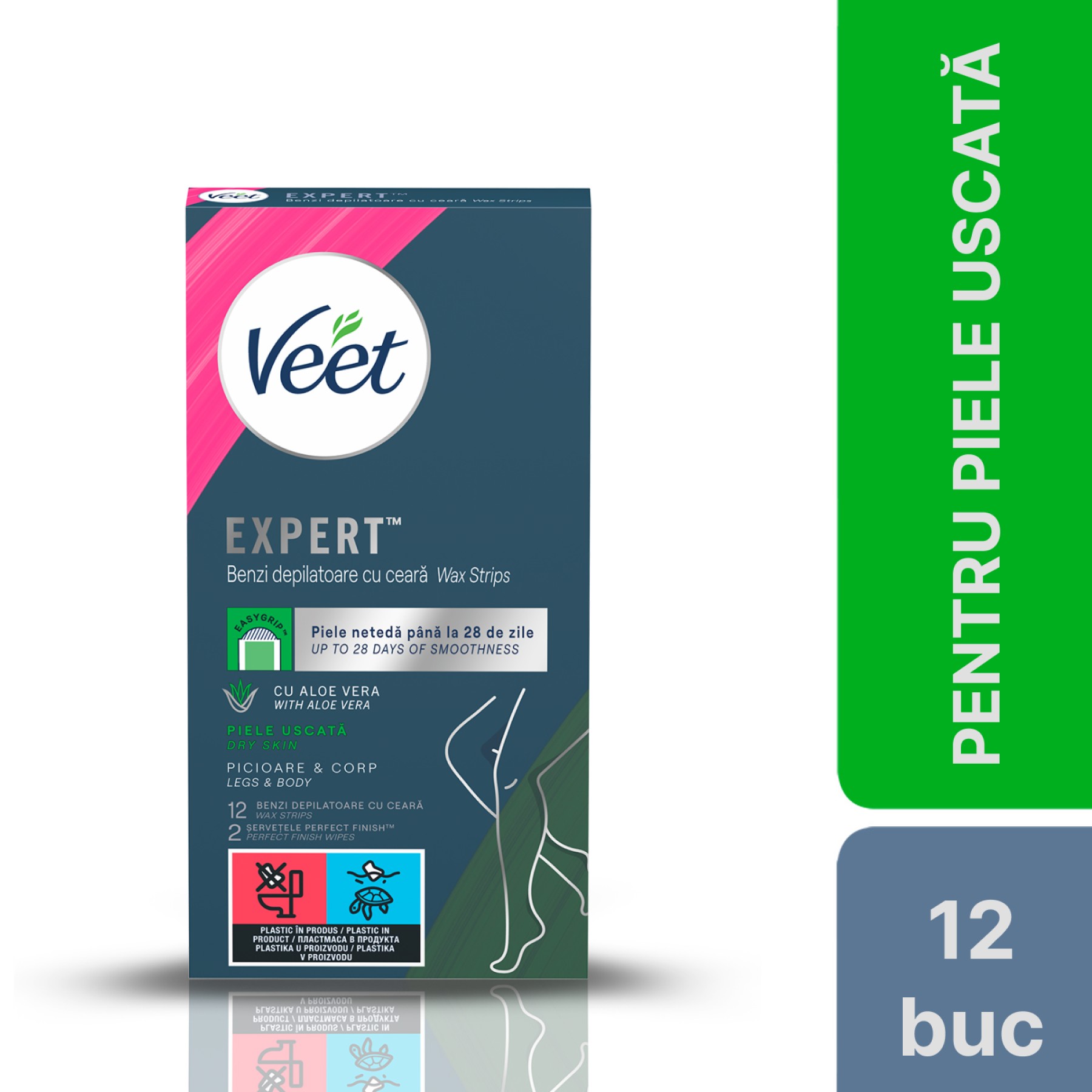 Benzi de ceara Veet Aloe Vera pentru picioare, piele uscata, 12 benzi