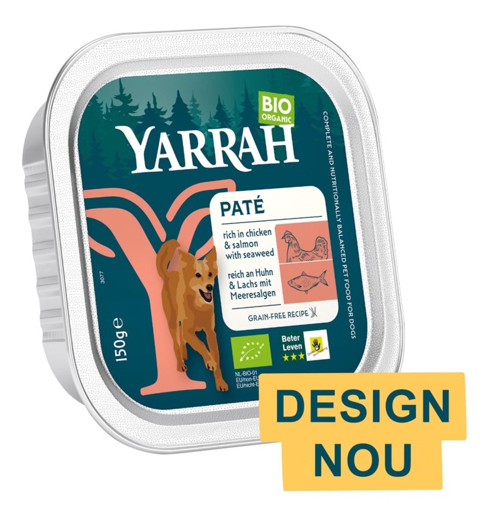 Hrana umeda bio pentru caini, bucati de carne de pui si somon, 150g Yarrah