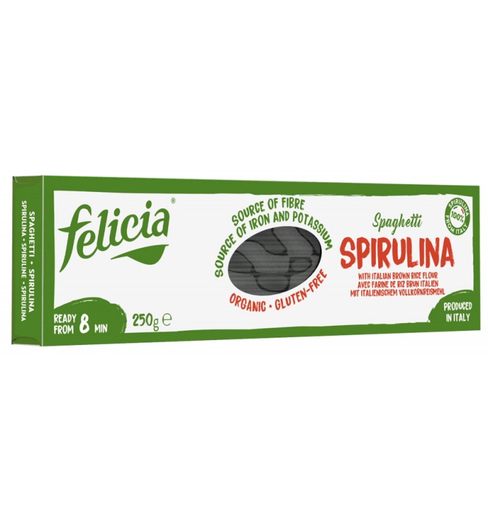 SPAGHETTI BIO DIN FAINA DE OREZ INTEGRAL SI SPIRULINA, 250G Felicia