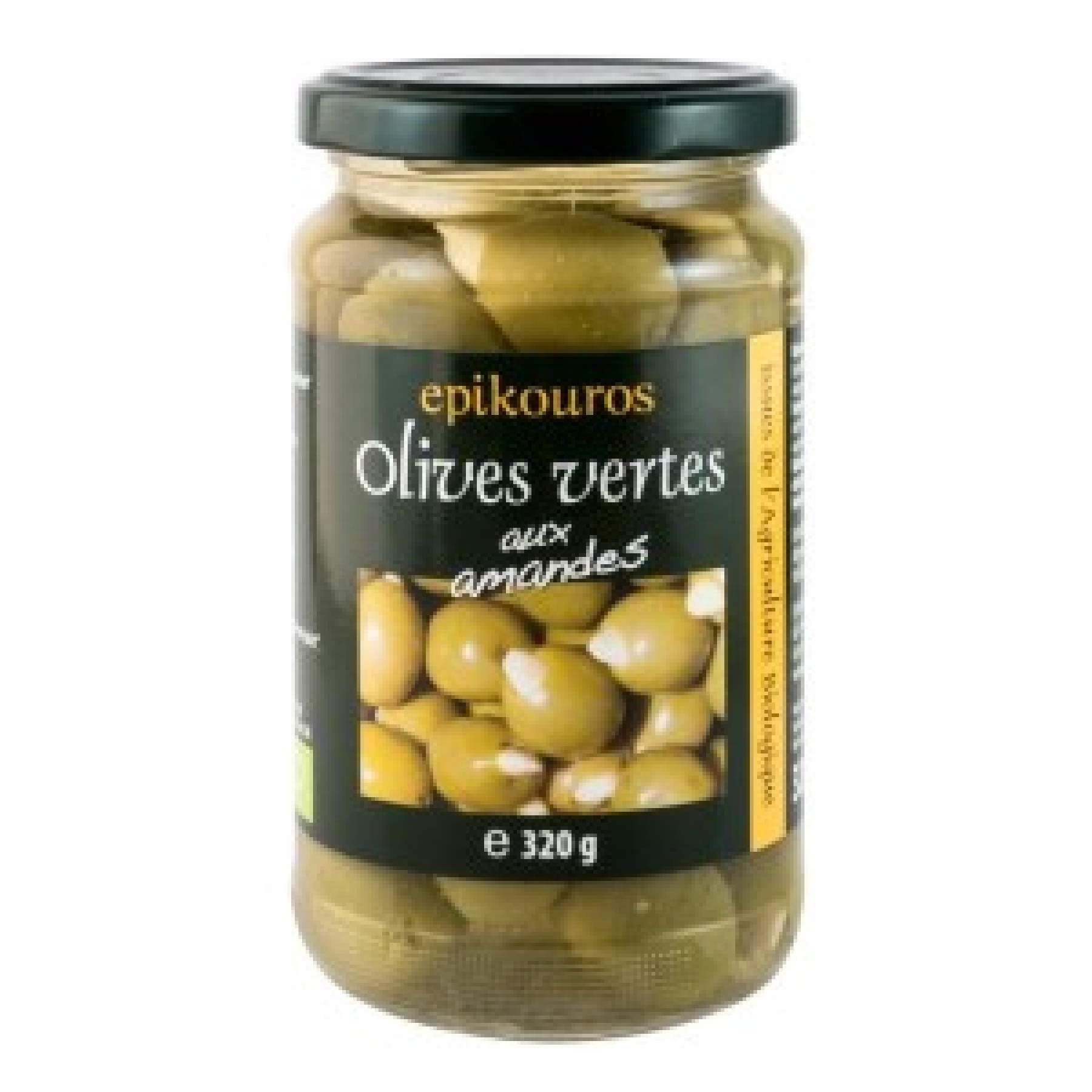 Epikouros Masline verzi bio umplute cu migdale in saramura, 320 g