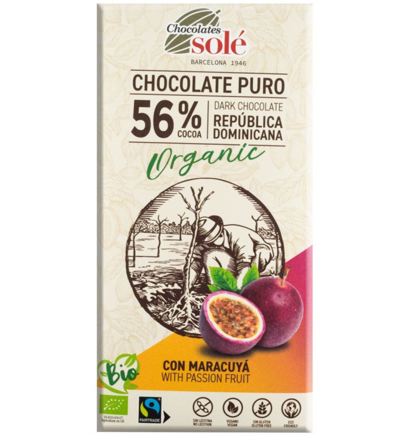 ECO/BIO Ciocolata cu 56%cacao si fructul pasiunii, 100gr