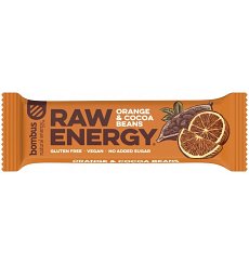 BATON PROTEIC RAW ENERGY CU PORTOCALE SI BOABE DE CACAO, 50G BOMBUS