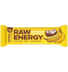 BATON PROTEIC RAW ENERGY CU BANANE SI NUCA DE COCOS, 50G BOMBUS