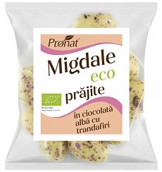 Migdale bio prajite, glazurate in ciocolata alba cu trandafiri, 50 g