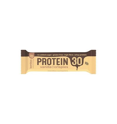BATON PROTEIC CU VANILIE SI CRISPIES, 30% PROTEINE, 50G BOMBUS