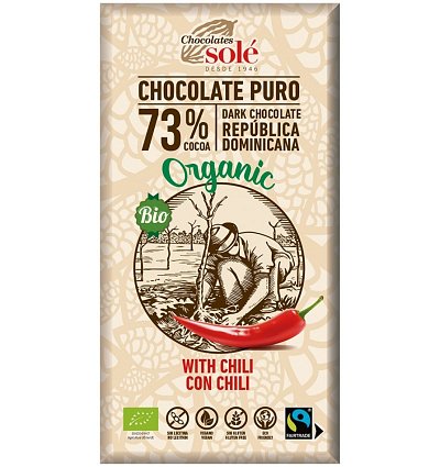 Ciocolata neagra BIO cu chili, 73% cacao, 100 g Chocolates Sole