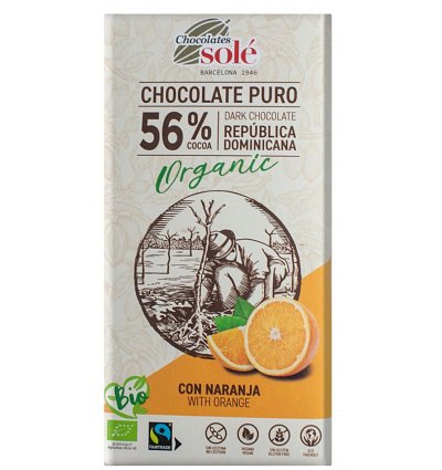 Ciocolata neagra BIO cu portocale, 56% cacao, 100 gr Chocolates Sole