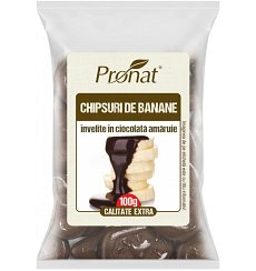 Chipsuri de banane invelite in ciocolata amaruie, 100g