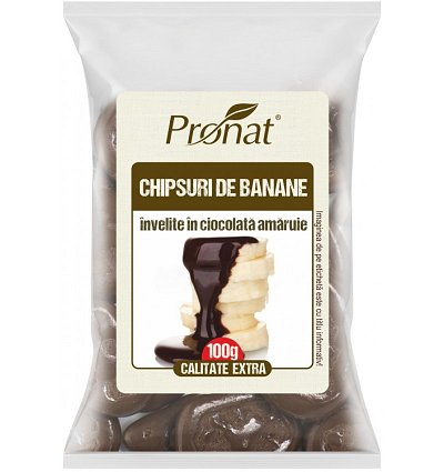 Chipsuri de banane invelite in ciocolata amaruie, 100g