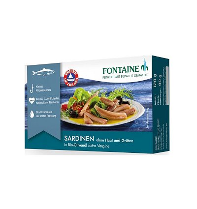 File de sardine fara piele si fara oase in ulei bio de masline, 120g Fontaine