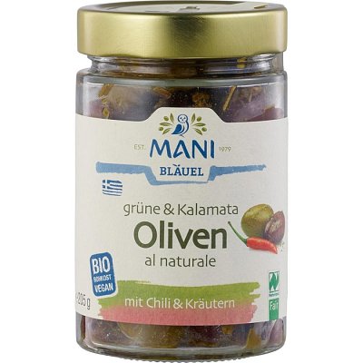 Masline verzi si Kalamata crude cu chili si ierburi - 205 g