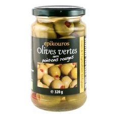 Epikouros Masline verzi bio umplute cu ardei rosu, in saramura, 320g